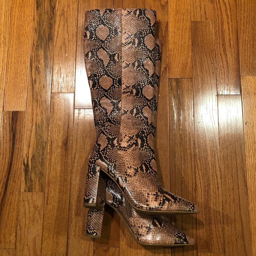 Gianni Bini Kellbie Snake Print Leather Tall Block Heel Boots